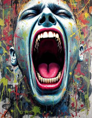 The primary subject of the image is a person with a mouth wide open, appearing to be screaming or yelling. The person's mouth is open, and their teeth are visible. The setting is a colorful background, which adds to the overall visual style of the image. The colors and mood of the image are vibrant and energetic, with a sense of intensity and emotion.